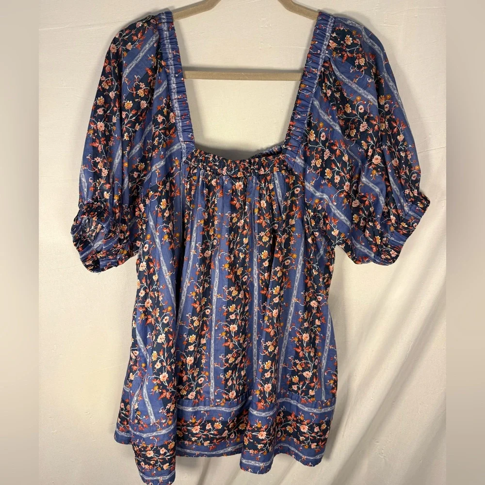 Free People Blue Floral Square-Neck Peasant Top